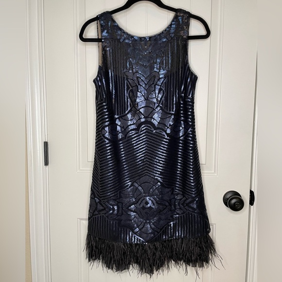 BCBGMaxAzria Caterina Black Blue Sequin Feather Dress XXS Loose Fit - Picture 2 of 12